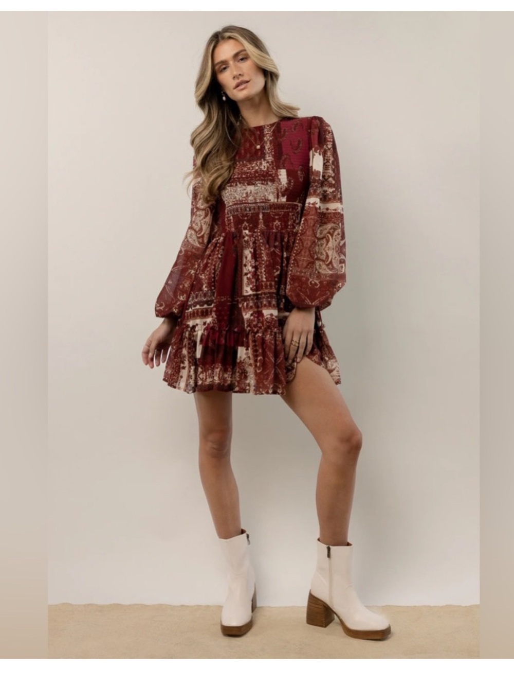 Flying Tomato Burgundy Patchwork Long-Sleeve Mini Dress